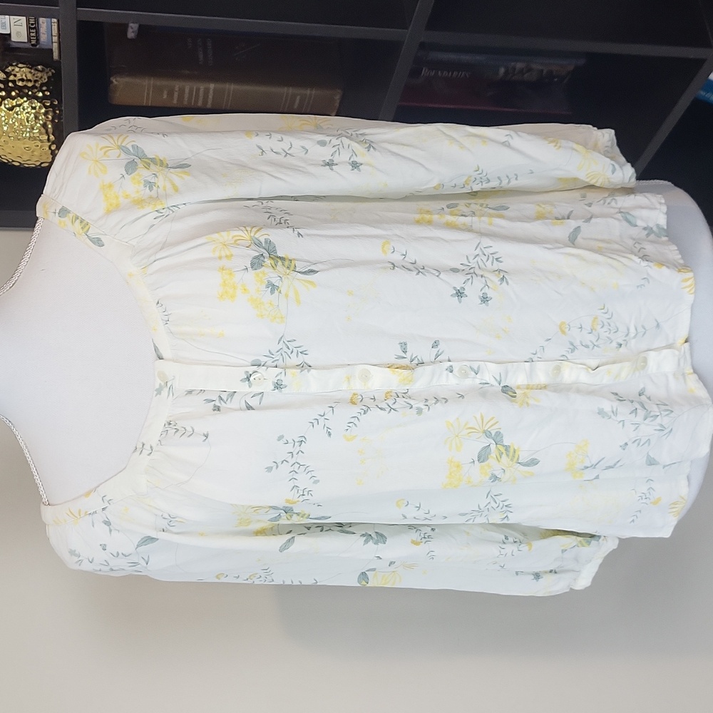 LUCKY BRAND Off-White Yellow Blue Floral Viscose 3/4 Sleeve Button Front Blouse